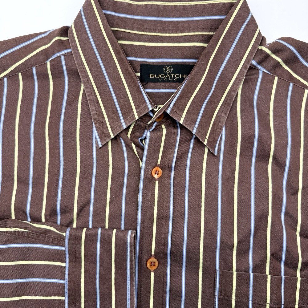 Bugatchi Uomo Button Down Men XXL Brown Striped Long Sleeve Classic Cotton Shirt